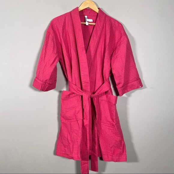 Charter Club Textured waffles Knit Short sleep Robe in Coral Pink size S NEW - Picture 2 of 6